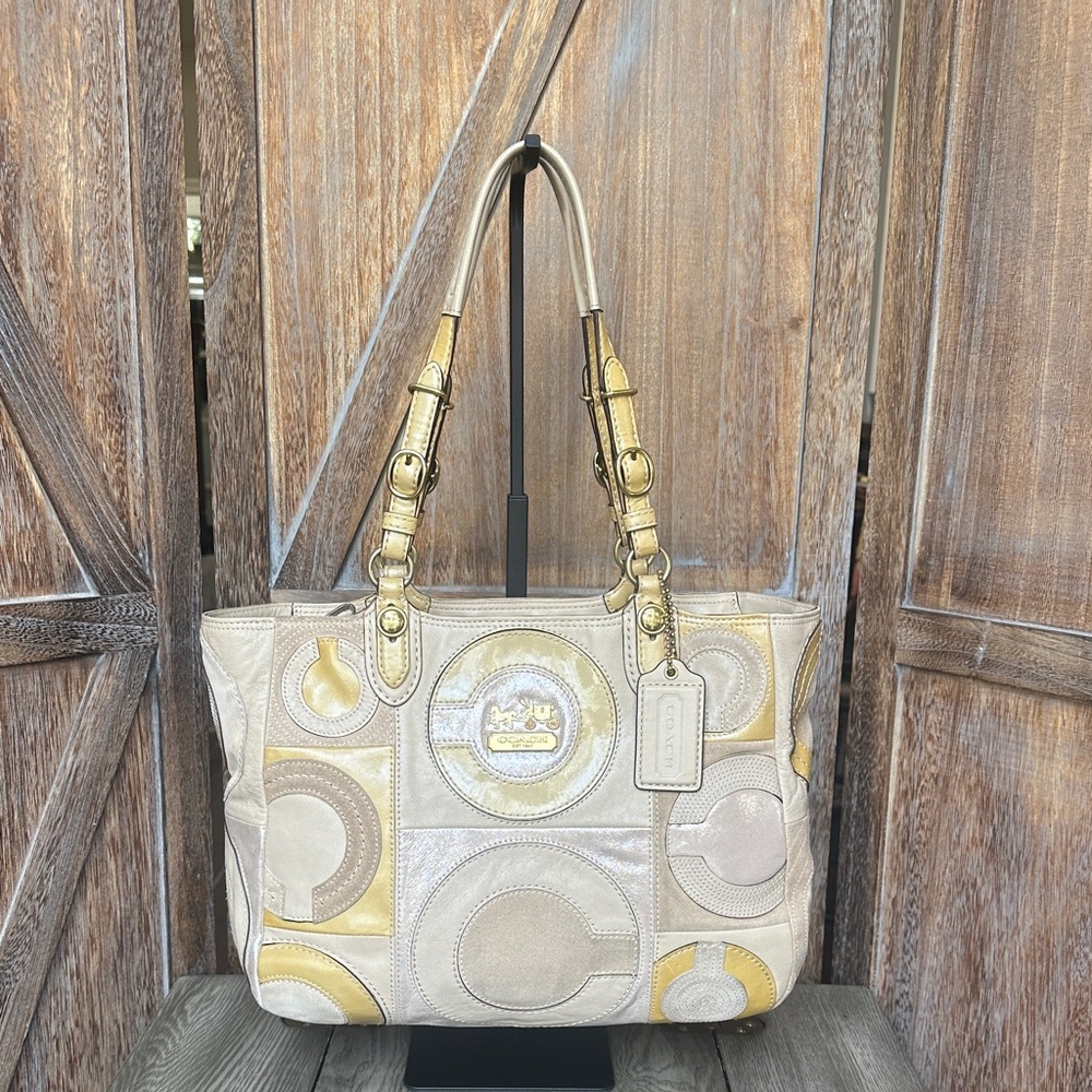 Coach 15748 Mia Inlaid Natural Multicolor Paten Leather Suede Tote Shoulder Bag